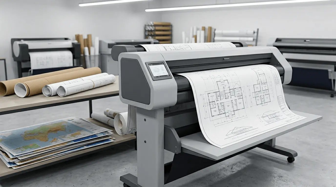 A wide format printer running an architectural floor plan, with rolled prints stacked alongside