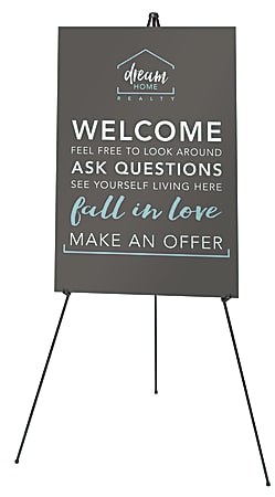 A printed welcome sign mounted on rigid board and displayed on a folding easel