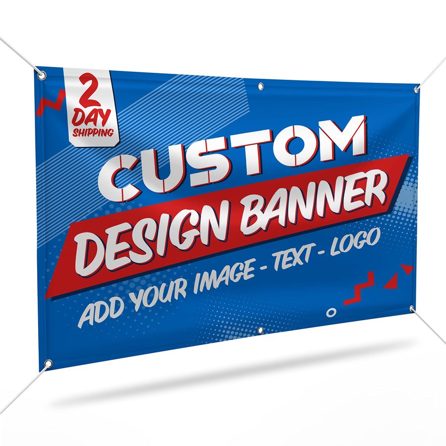 A full color vinyl banner with hemmed edges and brass grommets, hung on cables